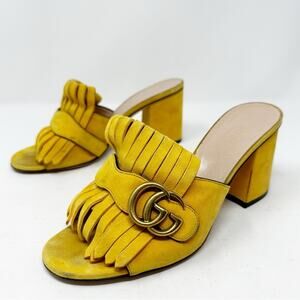 Gucci GG Kiltie Suede Fringe Block Heel Mule Slides Size 36.5
